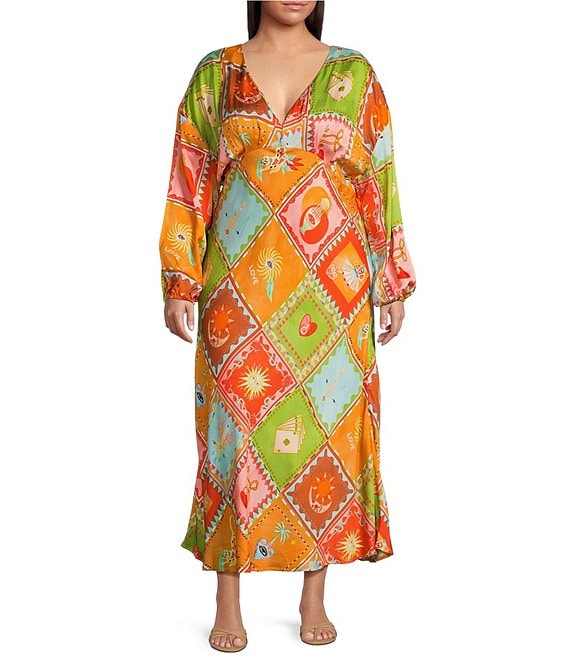 Never Fully Dressed Plus Size Emma Soller Multicolored Print V-Neck Long Sleeve Maxi Dress, Multi - Image 1