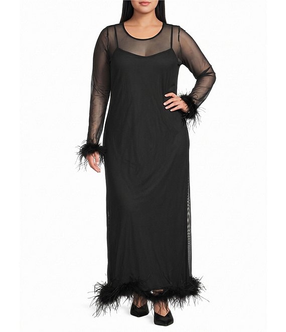 Never Fully Dressed Plus Size Round Neck Long Sleeve Feather Trim Mesh Maxi Dress