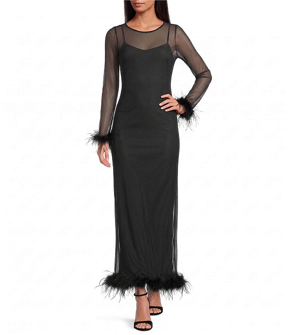 Never Fully Dressed Round Neck Long Sleeve Feather Trim Mesh Maxi Dress