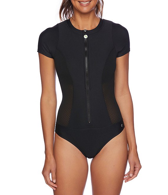 Color:Black - Image 1 - Next by Athena Good Karma Malibu Short Sleeve Zip Up One-Piece Swimsuit
