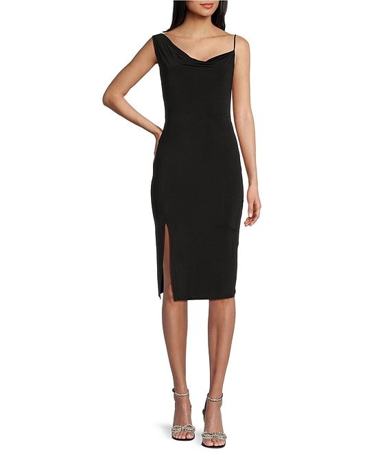 Next Up One Shoulder Cowl Neck Side Slit Midi Dress