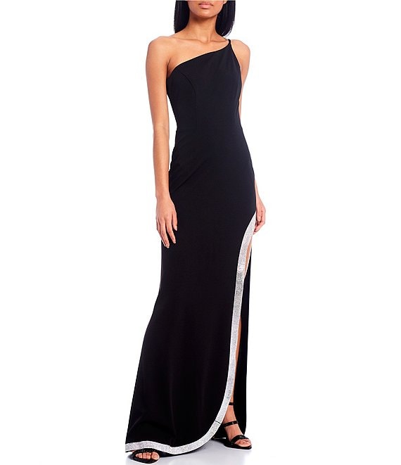 Next Up One Shoulder Side Slit Rhinestone Applique Long Dress | Dillard's