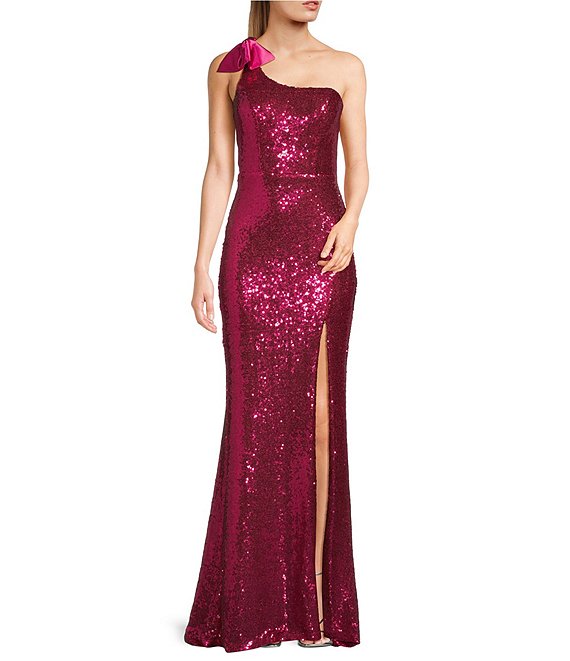 Next Up Sequin Bow One Shoulder Bar Back Front Slit Long Dress