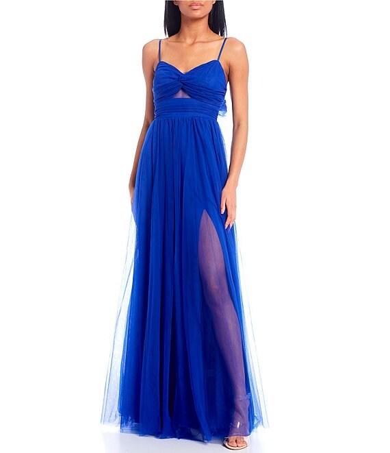 Next Up V-Neck Front Mesh Cut-Out Tulle Ball Gown | Dillard's