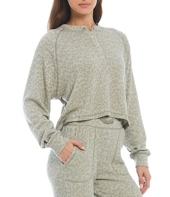 Color:Taupe - Image 1 - Long Dolman Sleeve Contrast Stitch Henley Neck Coordinating Animal Print Pullover
