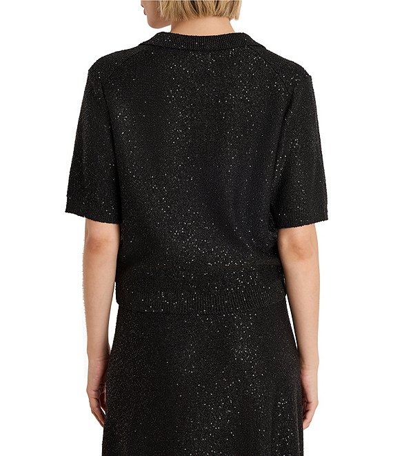 NIC + ZOE Anytime Sequin Split Collared Short Sleeve Polo Sweater