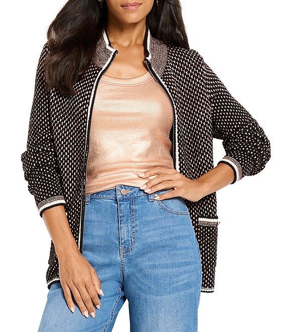 NIC + ZOE Brick Stitch Knit Banded Neck Long Sleeve Zip Front Jacket