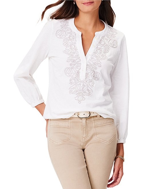 NIC + ZOE Climbing Vines Knit Henley Embroidered Long Sleeve Top