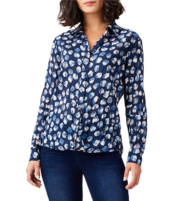NIC + ZOE Crinkle Many Moons Print Point Collar Long Sleeve Button ...