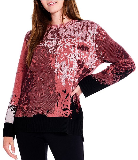 NIC + ZOE Double Knit Scenic Print Crew Rib Neck Long Sleeve High-Low Hem  Sweater