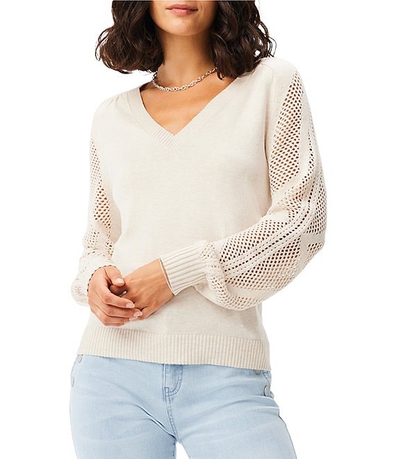NIC + ZOE Getaway Pointelle Knit V-Neck Long Sleeve Sweater