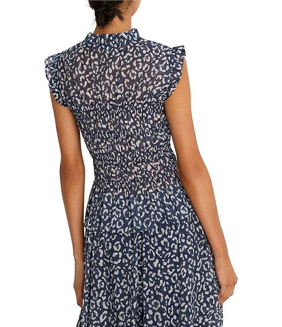 NIC + ZOE Leopard Sketch Split Neck Ruffle Cap Sleeve Smocked