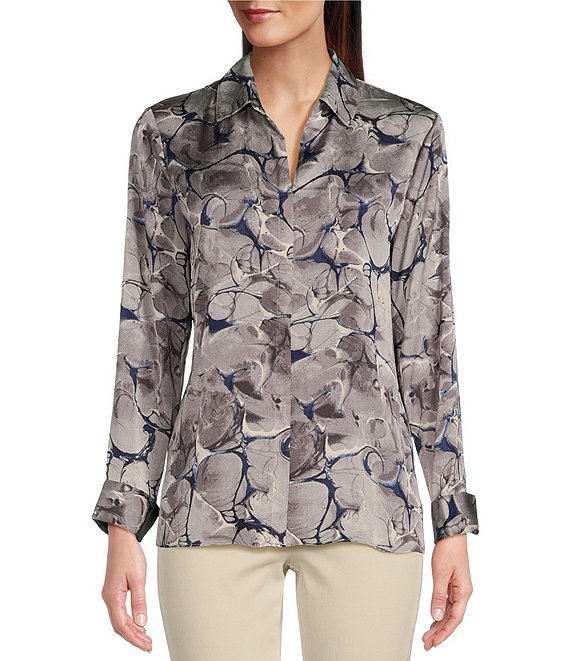 NIC + ZOE Marble Sky Print Point Collar Long Sleeve Button Front Shirt ...