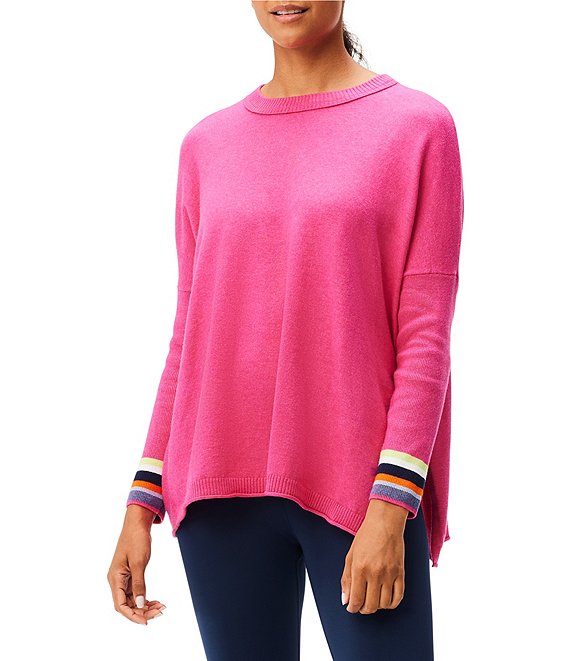 Color:Shocking Pink - Image 1 - NZ ACTIVE by NIC+ZOE Cool Down Color Pop Stripe Crew Neck Long Sleeve Side Slits Knit Sweater