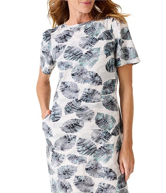 NIC + ZOE NZT Knit Falling Palms Print Boat Neck Short Sleeve Shirt ...