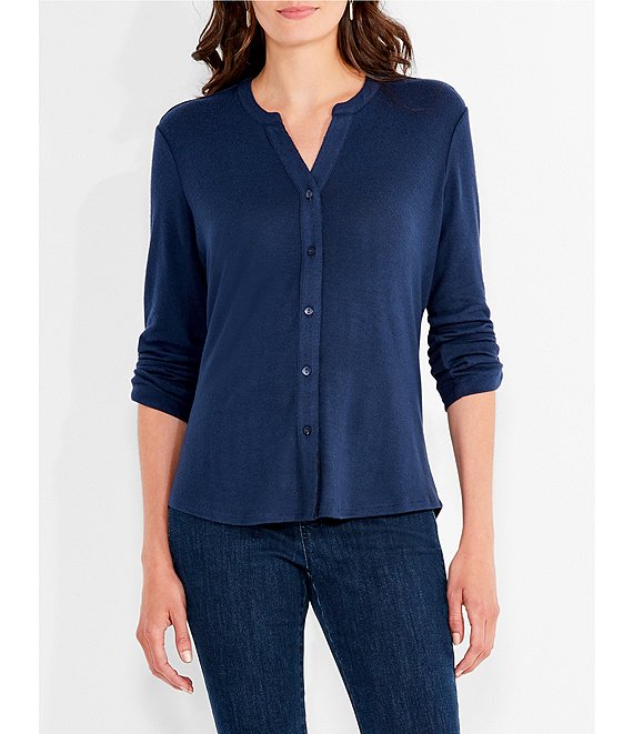 Color:Dark Indigo - Image 1 - NZT Sweet Dreams Knit Banded V-Neck Roll-Tab Sleeve Button Front Shirt