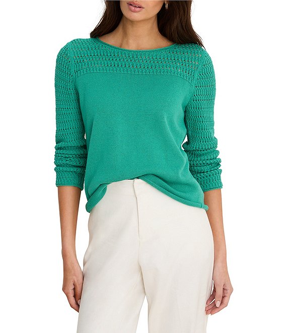 NIC + ZOE Placed Pointelle Round Neck Long Sleeve Top