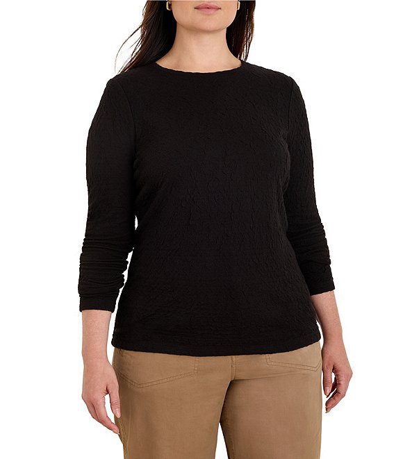 NIC + ZOE Plus Size Crinkle Knit Textured Crew Neck Long Sleeve Fitted Top