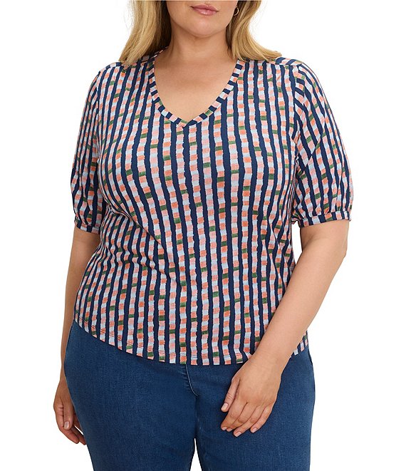 NIC + ZOE Plus Size Reef Stripe Printed V-Neck Elbow Sleeve Tee