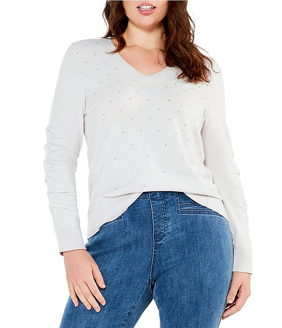 Color:Icing - Image 1 - Plus Size Relaxed Glam Knit V-Neck Long Ruched Sleeve Embellished Sweater