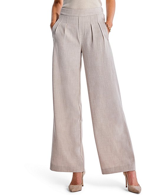 Color:Biscottihe - Image 1 - Stretch Twill Woven Double Pleated Wide-Leg Pocketed Pull-On Pants