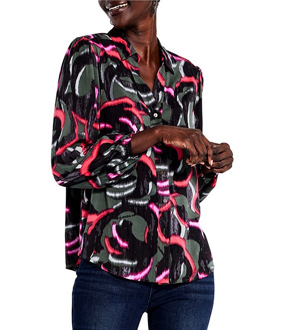 NIC + ZOE Woven Neon Doodle Split V-Neck Long Sleeve Belted Button