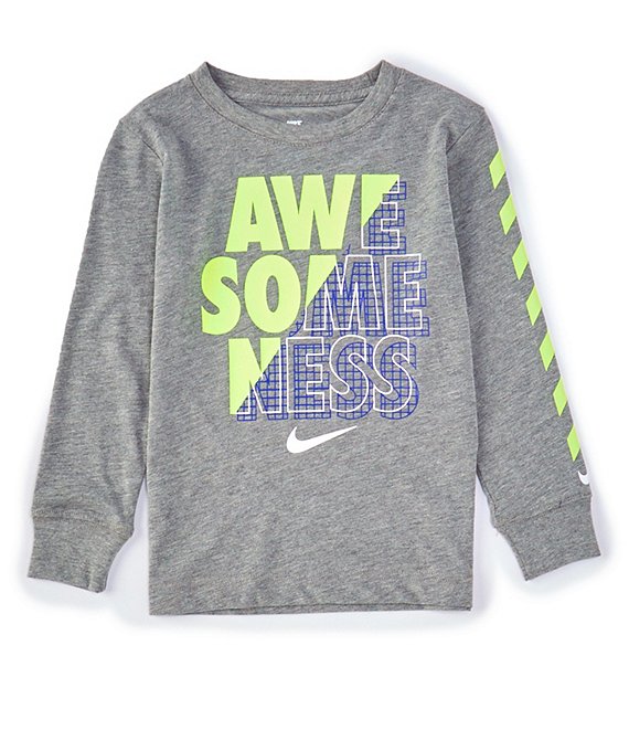 Color:Carbon Heather/Ghost Green/White/Lapis - Image 1 - Little Boys 2T-7 Long-Sleeve Awesomeness Graphic Tee