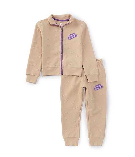 Nike Little Girls 2T 6X Long Sleeve Allover Embossed Swoosh Pattern Track Jacket Matching Jogger Pant Set