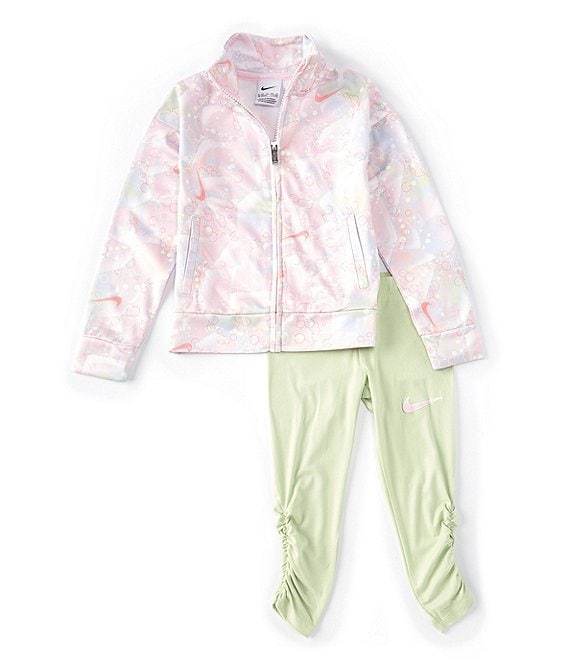 Color:Honeydew - Image 1 - Little Girls 2T-6X Long Sleeve Dream Chaser Tricot Jacket & Ruched Legging 2-Piece Set