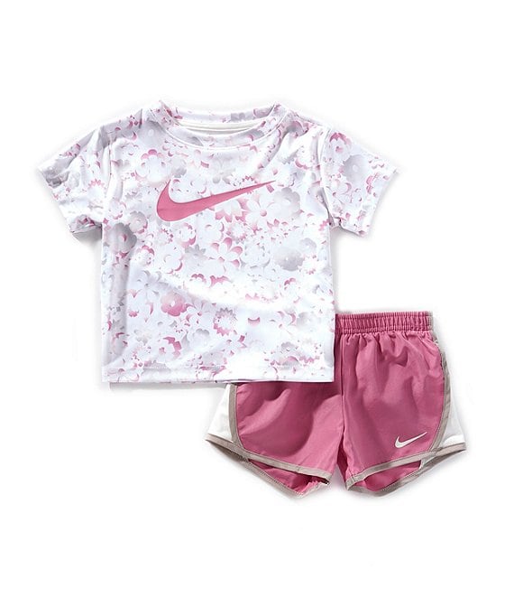 Nike Little Girls Short-Sleeve Floral-Printed/Swoosh-Motif T-Shirt & Color Block Tempo Shorts Set, Magic Fuchsia - Image 1