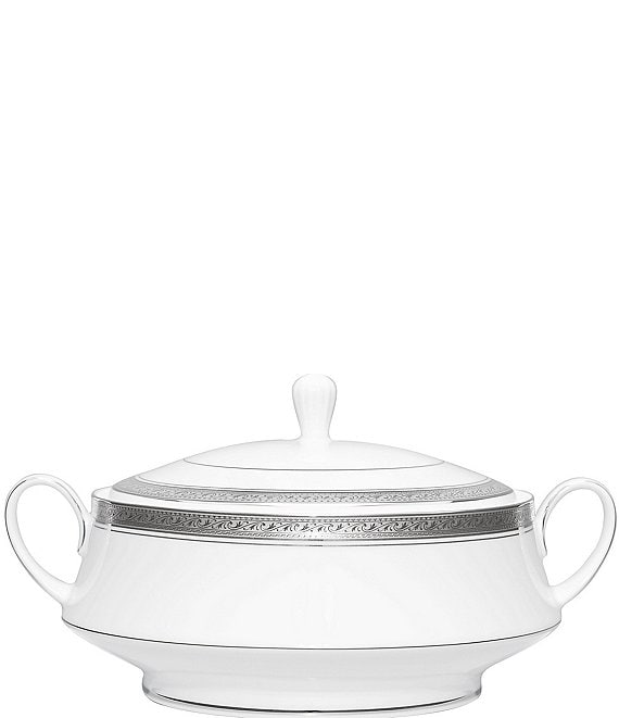 Noritake Crestwood Etched Platinum Porcelain Covered Vegetable Bowl
