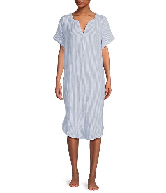Color:Blue Stripe - Image 1 - Blue Striped Print Split Round Neck Short Sleeve Woven Nightgown