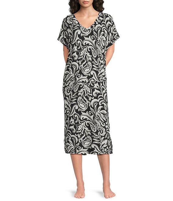 Nottibianche Moody Ikat Print Short Sleeve V-Neck Pocketed Knit Caftan