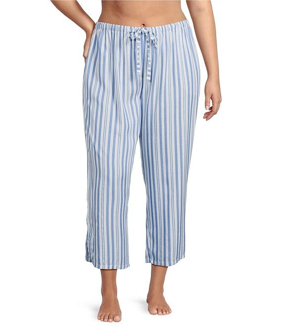 Nottibianche Plus Size Striped Drawstring Tie Coordinating Woven Cropped Sleep Pants