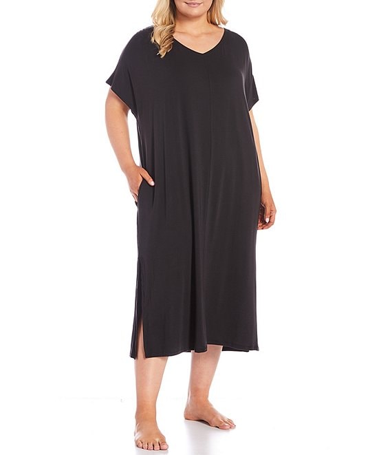 Color:Black - Image 1 - Plus Size V-Neck Short Sleeve Stretch Jersey Knit Caftan