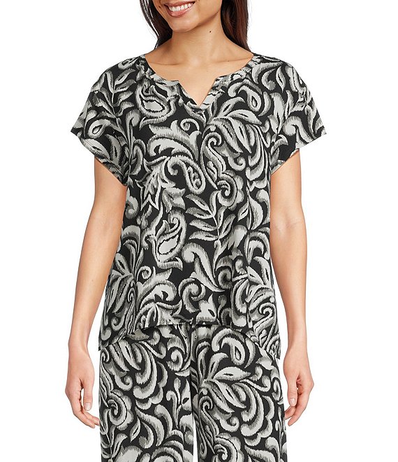 Nottibianche Short Sleeve Split Round-Neck Moody Ikat Print Coordinating Knit Sleep Top