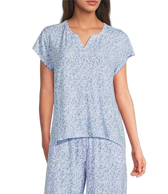 Nottibianche Short Sleeve Split Round-Neck Spring Drop Print Coordinating Knit Sleep Top