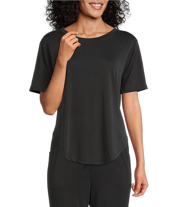 Color:Charcoal Grey - Image 1 - Solid Jersey Knit Crew Neck Short Sleeve Coordinating Sleep Top