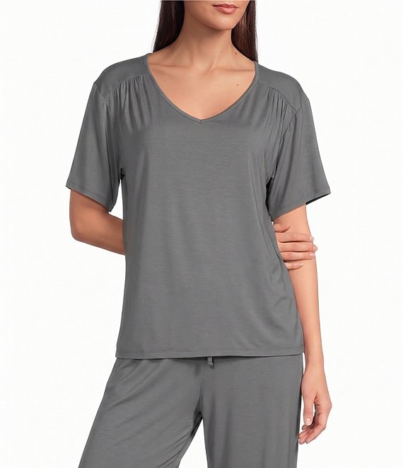 Nottibianche Solid Short Sleeve V-Neck Bamboo Jersey Knit Coordinating Sleep Top