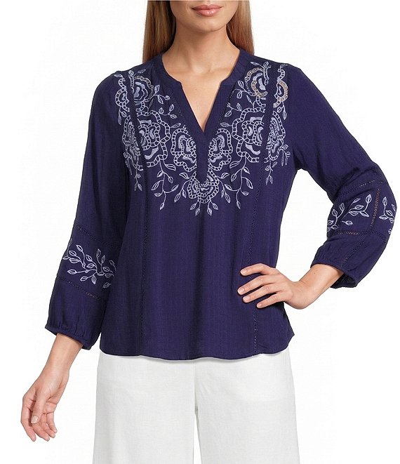 Nurture Embroidered 3/4 Sleeve Split V-Neck Placket Top