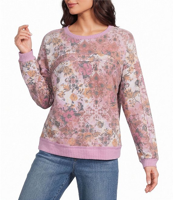 Nurture Batik Print Long Sleeve Crew Neck Knit Top