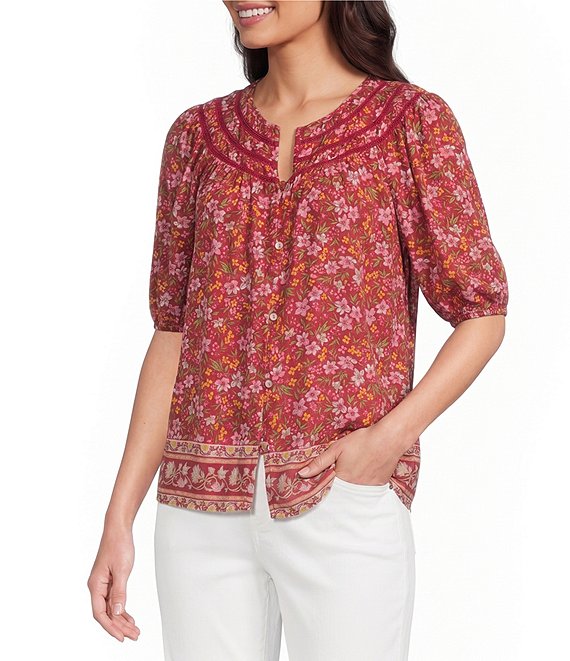 Nurture Button Front Elbow Sleeve Y-Neck Top