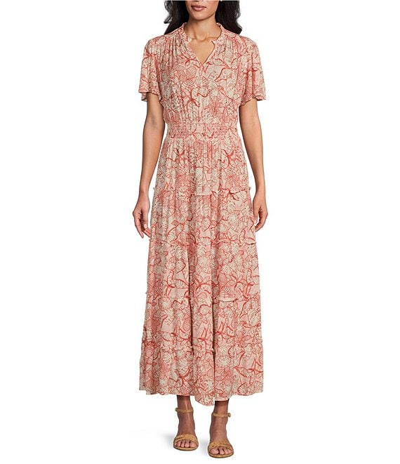 Nurture by Westbound Floral Print Split V-Neck Short Sleeve Ruffle Tiered A-Line  Maxi Dress | Dillard's