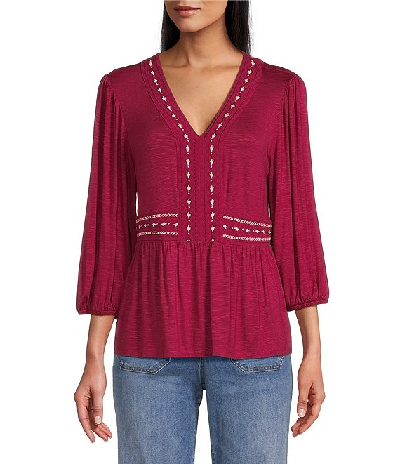 Color:Iris - Image 1 - by Westbound Knit 3/4 Sleeve V Neck Embroidery Top