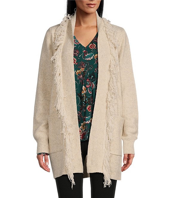 Color:Oatmeal - Image 1 - by Westbound Long Sleeve Open Front Fringe Cardigan
