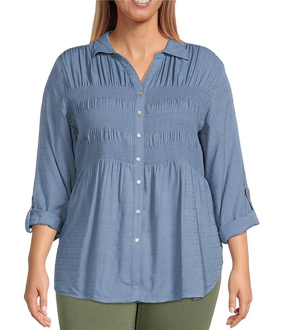 Nurture by Westbound Plus Size 3/4 Sleeve Collared Smocked Button Front ...