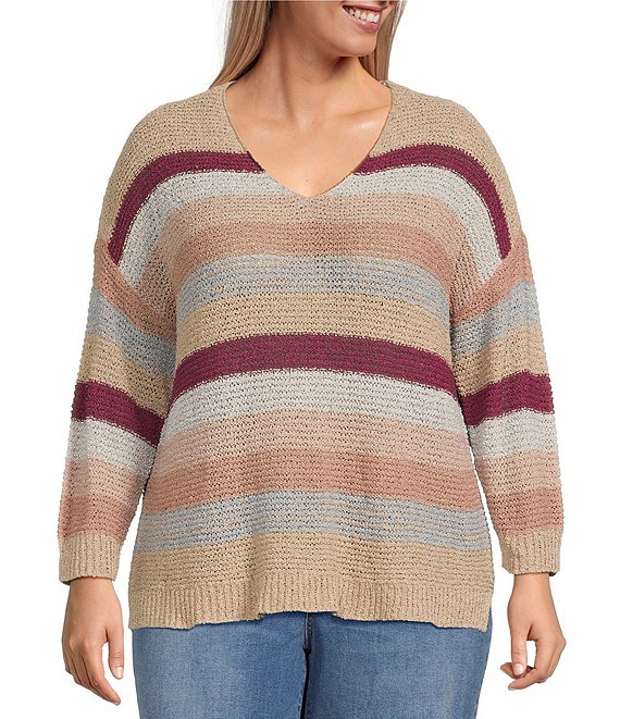 Color:Rose Multi - Image 1 - by Westbound Plus Size Long Sleeve High-Low Hem Pullover Sweater
