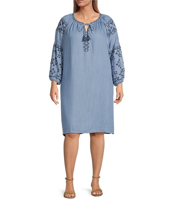 Nurture by Westbound Plus Size Chambray Embroidered 3/4 Sleeve Dress |  Dillard's