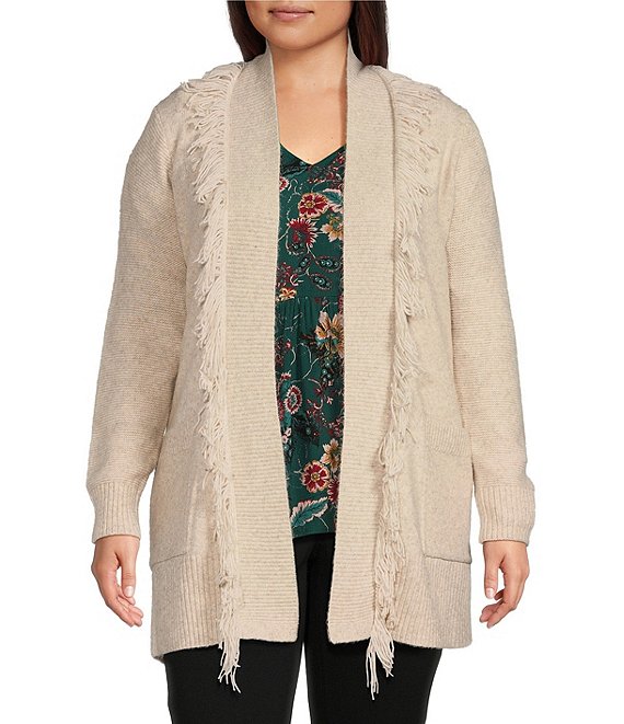 Color:Oatmeal - Image 1 - by Westbound Plus Size Long Sleeve Open Front Fringe Cardigan