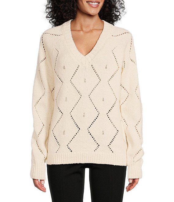 Nurture by Westbound Ribbed Long Sleeve Jeweled V-Neck Sweater | Dillard's